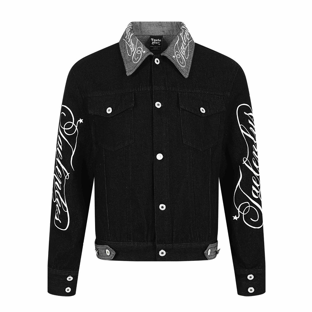 Herren Denim-Blousonjacke mit Kontrastkragen und grafischen Ärmelprints Echoarchiv