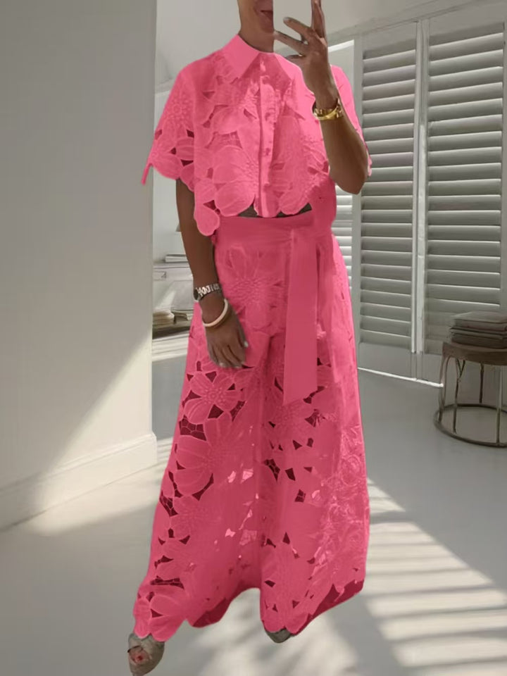 Damen nan zweiteiliges Spitzenensemble mit bauchfreier Bluse und weiter Palazzohose Echo Archiv