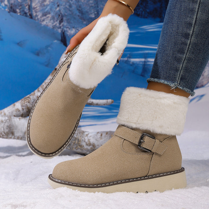 Damen Gefütterte Kurzstiefelette mit Kunstfellkragen, Velours‑Optik und Zierschnalle – Varelle