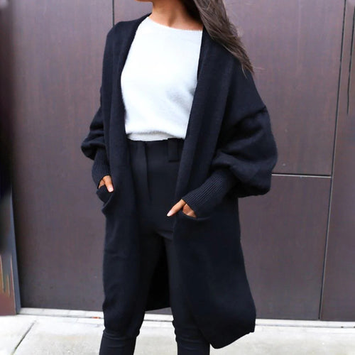 Damen Oversize-Longcardigan mit Volumenärmeln, offener Front und Eingrifftaschen Echoarchiv