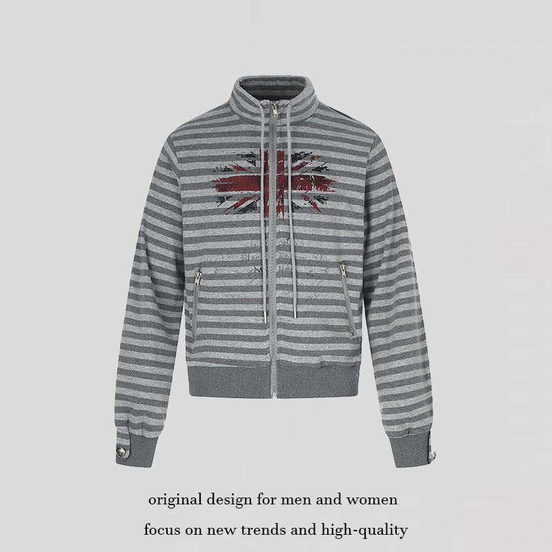 Damen Gestreifte Zip-Sweatjacke mit Stehkragen, Reißverschlusstaschen und Vintage-Flaggenprint Echoarchiv