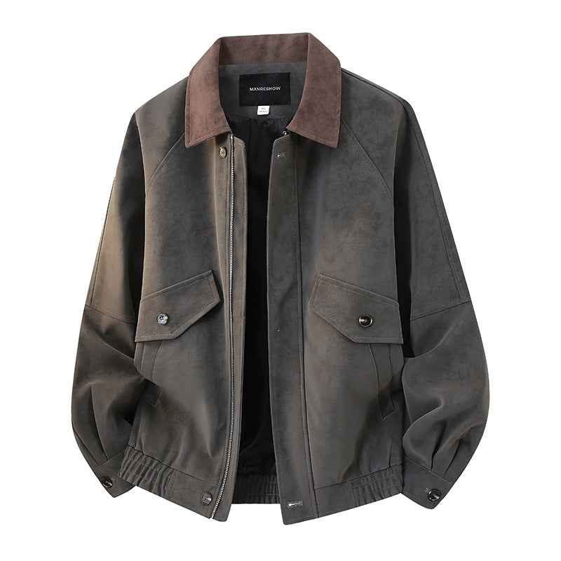 Herren Kurzjacke im Vintage-Arbeiterstil aus Velours‑Optik mit Pattentaschen und elastischem Saum Echoarchiv