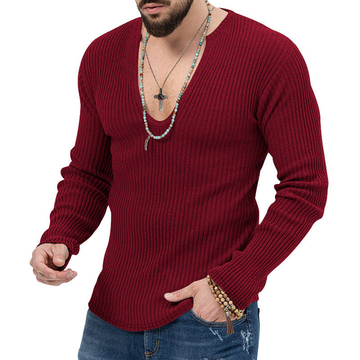 Herren Langarm-Rippenpullover mit tiefem V-Ausschnitt und modernem Schnitt Echoarchiv