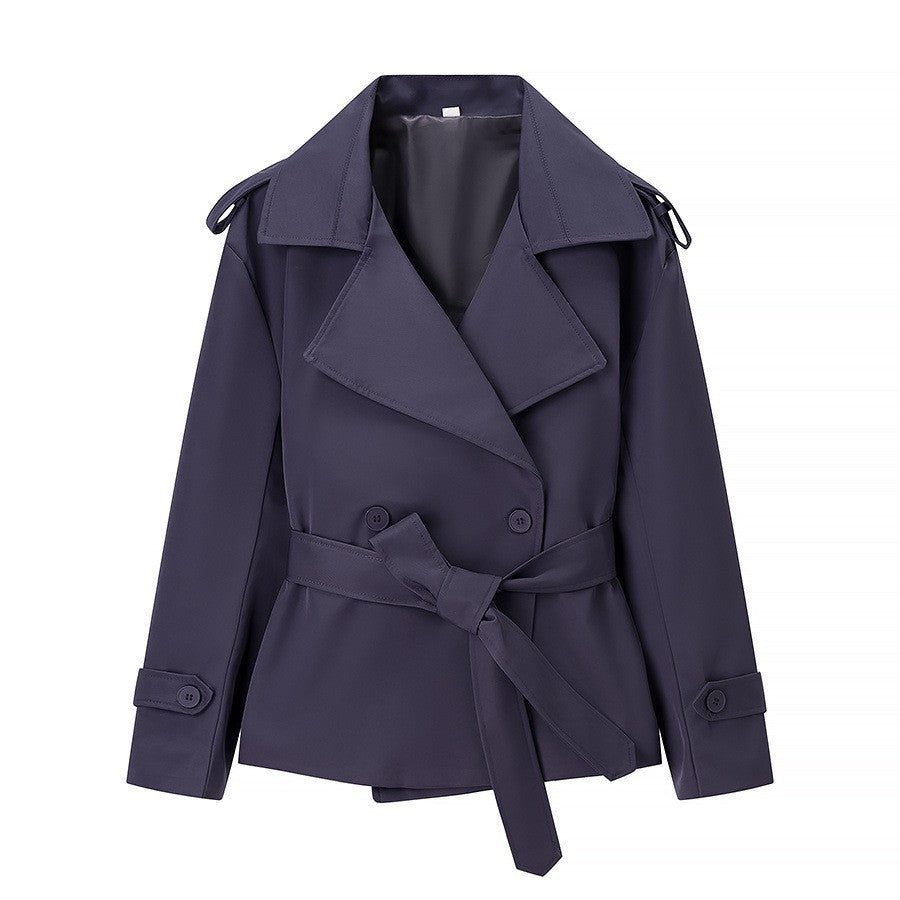 Damen Taillierter kurzer Trenchcoat mit Bindegürtel und Epauletten Echoarchiv