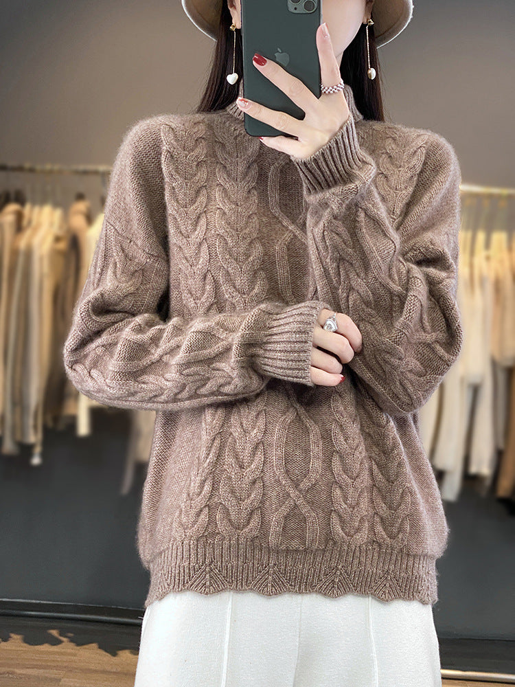 Damen Oversize-Zopfmuster-Pullover mit Mohair-Optik und gerippten Bündchen Echoarchiv