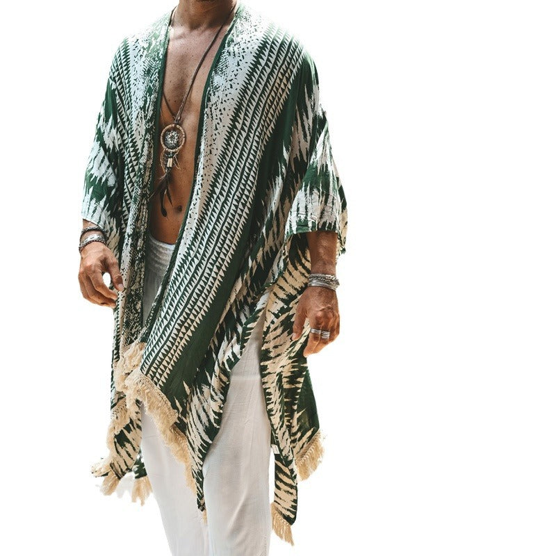 Herren nan leichter Strandponcho im Kimono-Stil mit Fransen Echo Archiv