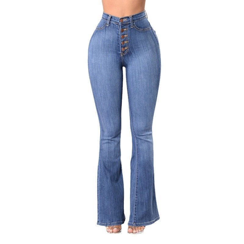 Damen nan Highwaist-Jeans mit ausgestelltem Schlag, taillierter Passform und dekorativer Knopfleiste Echo Archiv