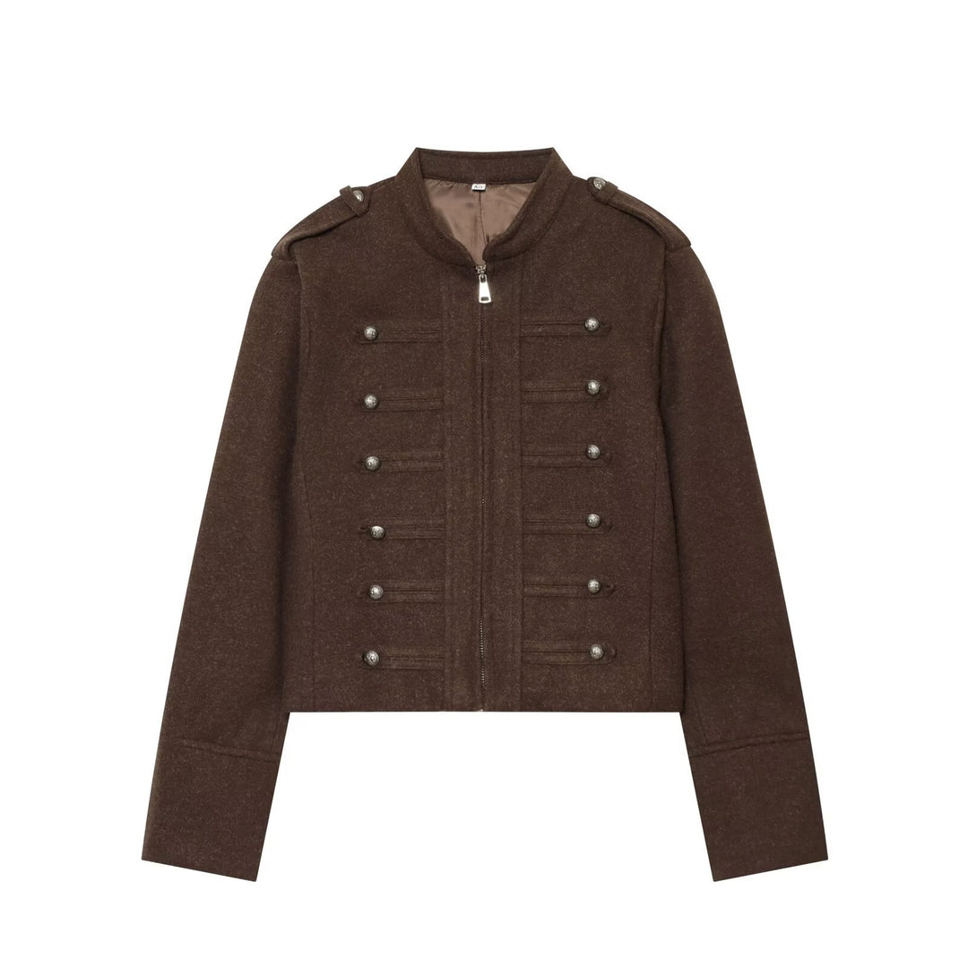 Damen Militärisch inspirierte kurze Wolljacke mit Stehkragen Echo Archiv