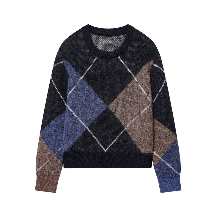Damen nan kurz geschnittener Argyle-Strickpullover mit Rundhals, Raglanärmeln und geripptem Bund Echo Archiv