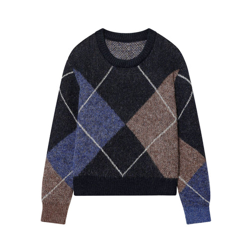 Damen nan kurz geschnittener Argyle-Strickpullover mit Rundhals, Raglanärmeln und geripptem Bund Echo Archiv
