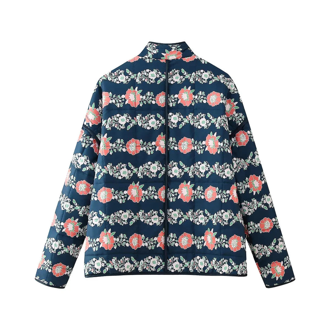 Damen gesteppte Kurzjacke mit floralem Allover-Print, leichter Wattierung, Stehkragen und aufgesetzten Taschen – Célinea