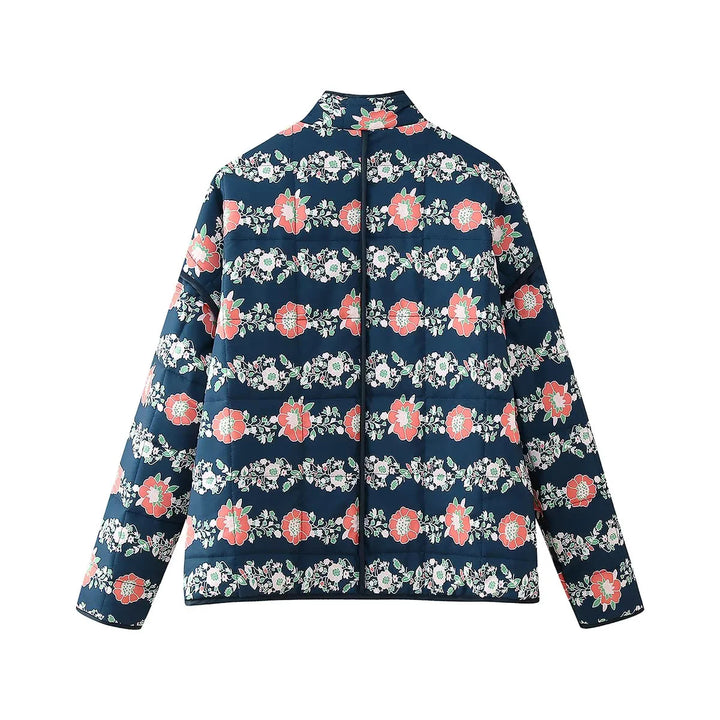 Damen gesteppte Kurzjacke mit floralem Allover-Print, leichter Wattierung, Stehkragen und aufgesetzten Taschen – Célinea