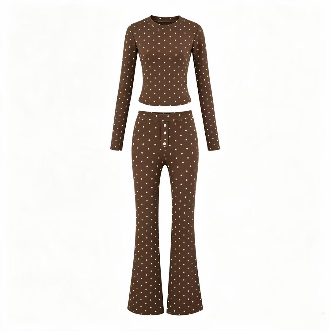 Damen Zweiteiliges Stretch-Jersey Lounge-Set mit Cropped Longsleeve und High‑Waist Schlaghose Echoarchiv