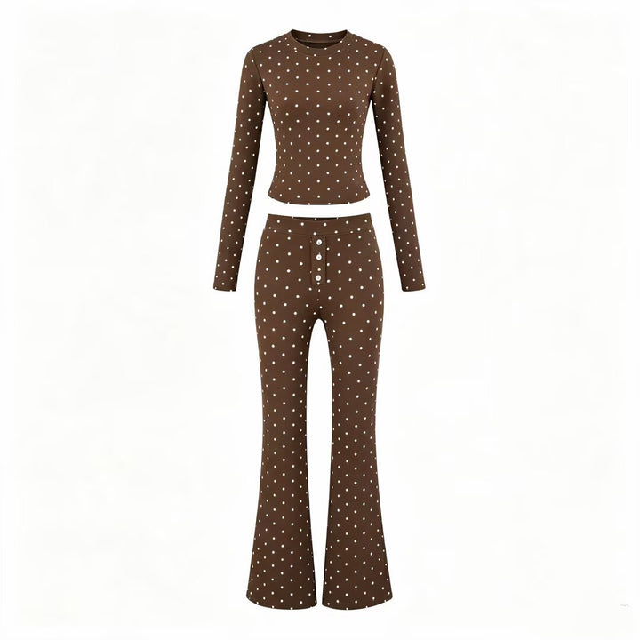 Damen Zweiteiliges Stretch-Jersey Lounge-Set mit Cropped Longsleeve und High‑Waist Schlaghose Echoarchiv