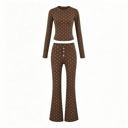 Damen Zweiteiliges Stretch-Jersey Lounge-Set mit Cropped Longsleeve und High‑Waist Schlaghose Echoarchiv
