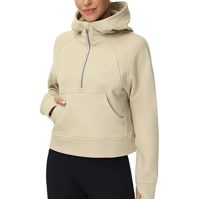 Damen Kurz geschnittener Kapuzenpullover mit halbem Reißverschluss und Kängurutasche Echo Archiv