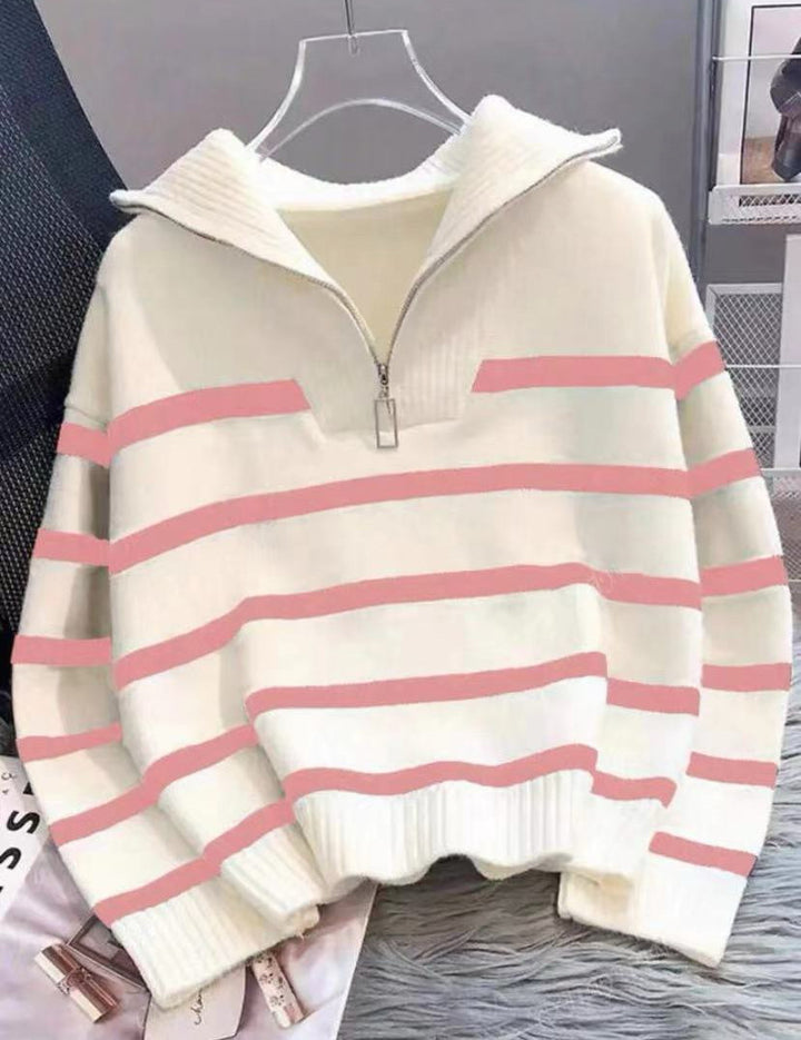 Damen Gestreifter Halb-Reißverschluss Strickpullover mit Rippenkragen – Mavelle