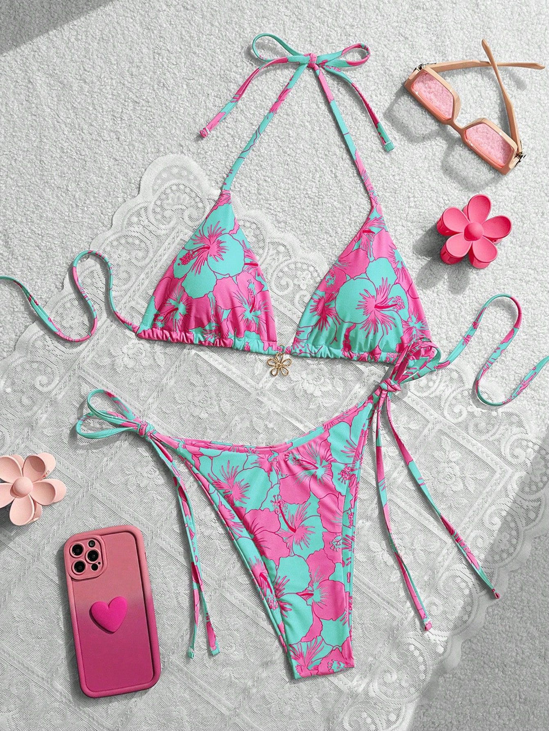 Damen Triangel-Bikini mit floralen Akzenten und raffinierten Bindebändern Echo Archiv