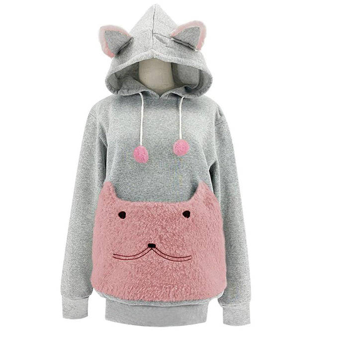Damen Kuscheliger Kapuzenpullover mit Katzenmotiv und praktischer Känguru-Tasche Echoarchiv