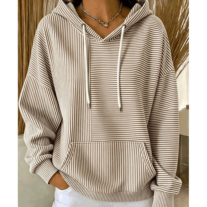 Damen Oversize Kapuzenpullover mit feinem Streifenprint, Kängurutasche und V-Ausschnitt-Kapuze – Auréline