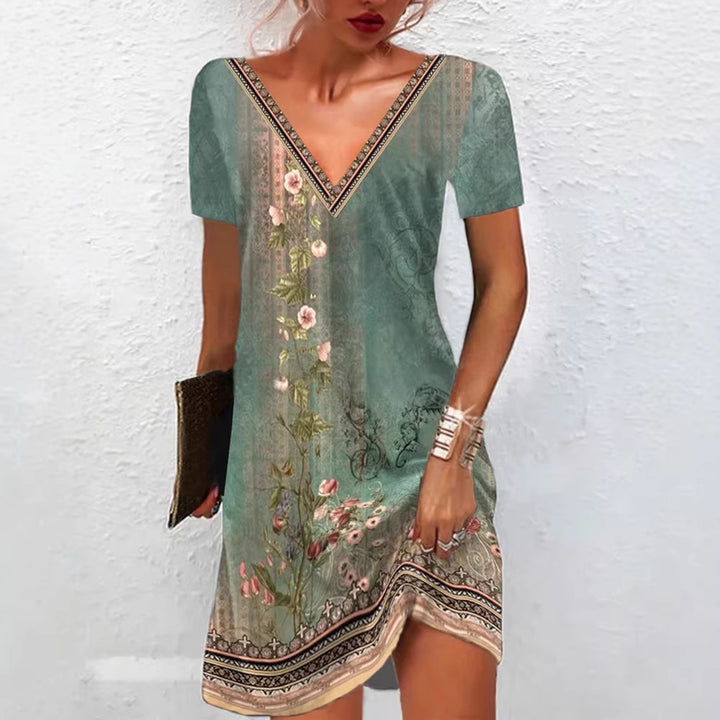 Frauen Floral V-Ausschnitt Tunika Kleid mit Border Print und langen Ärmeln – Lunéa