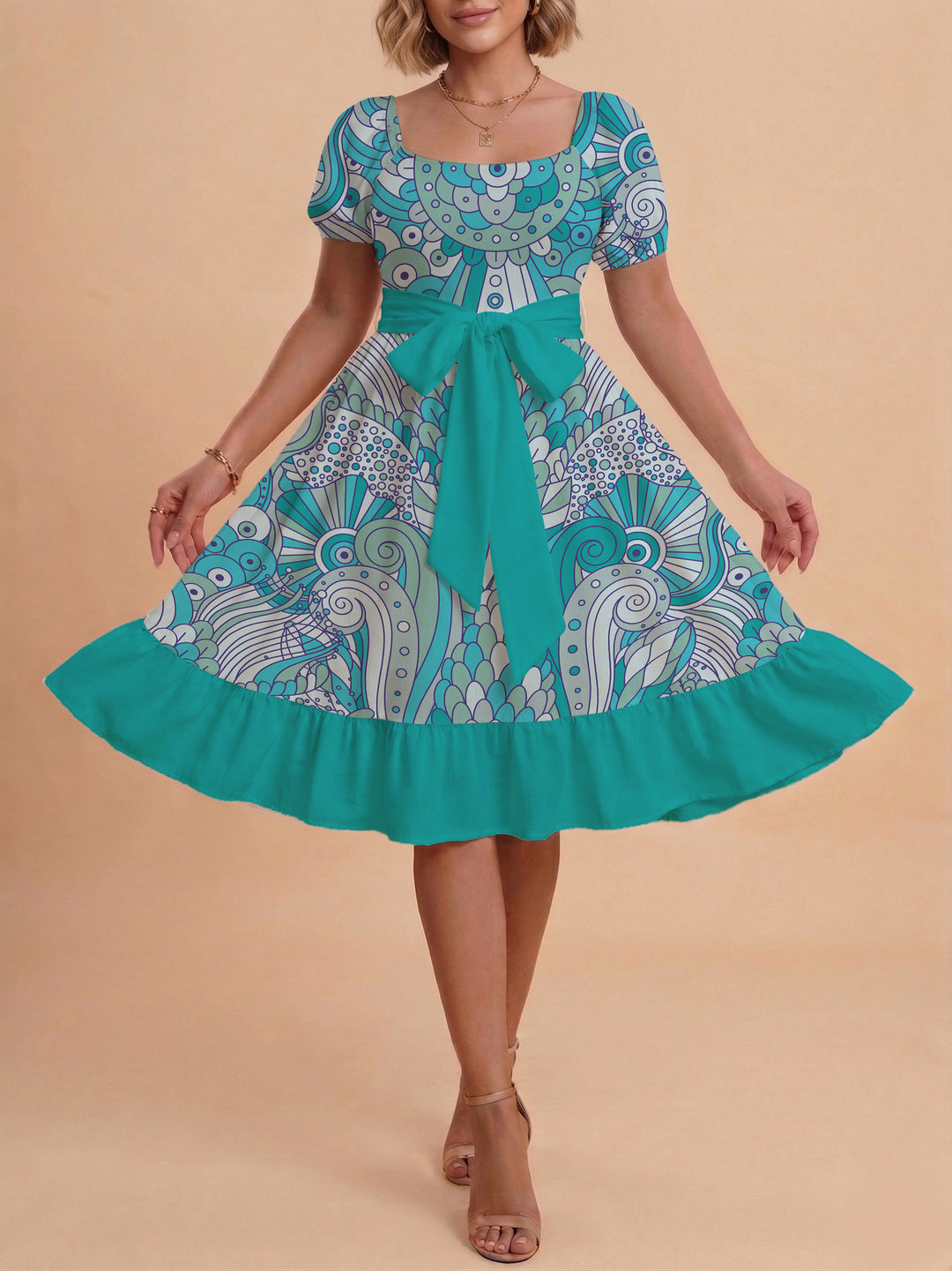 Damen modernes Blumenkleid mit elegantem Taillengürtel und asymmetrischem Saum Echo Archiv