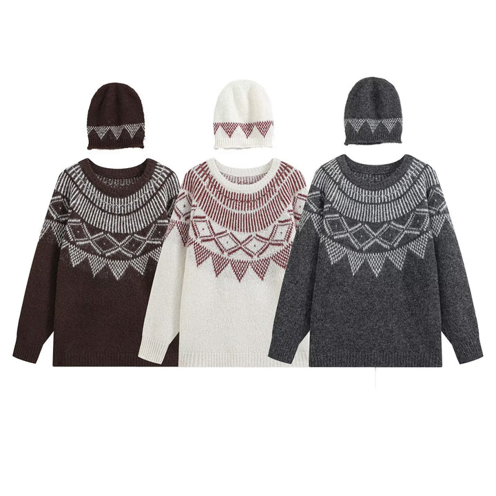 Damen Oversized Norweger-Strickpullover mit Rundhalsausschnitt und passender Mütze Echo Archiv