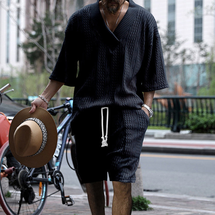 Herren Lässiges Strickshorts-Set mit V-Ausschnitt und atmungsaktiver Struktur Echoarchiv