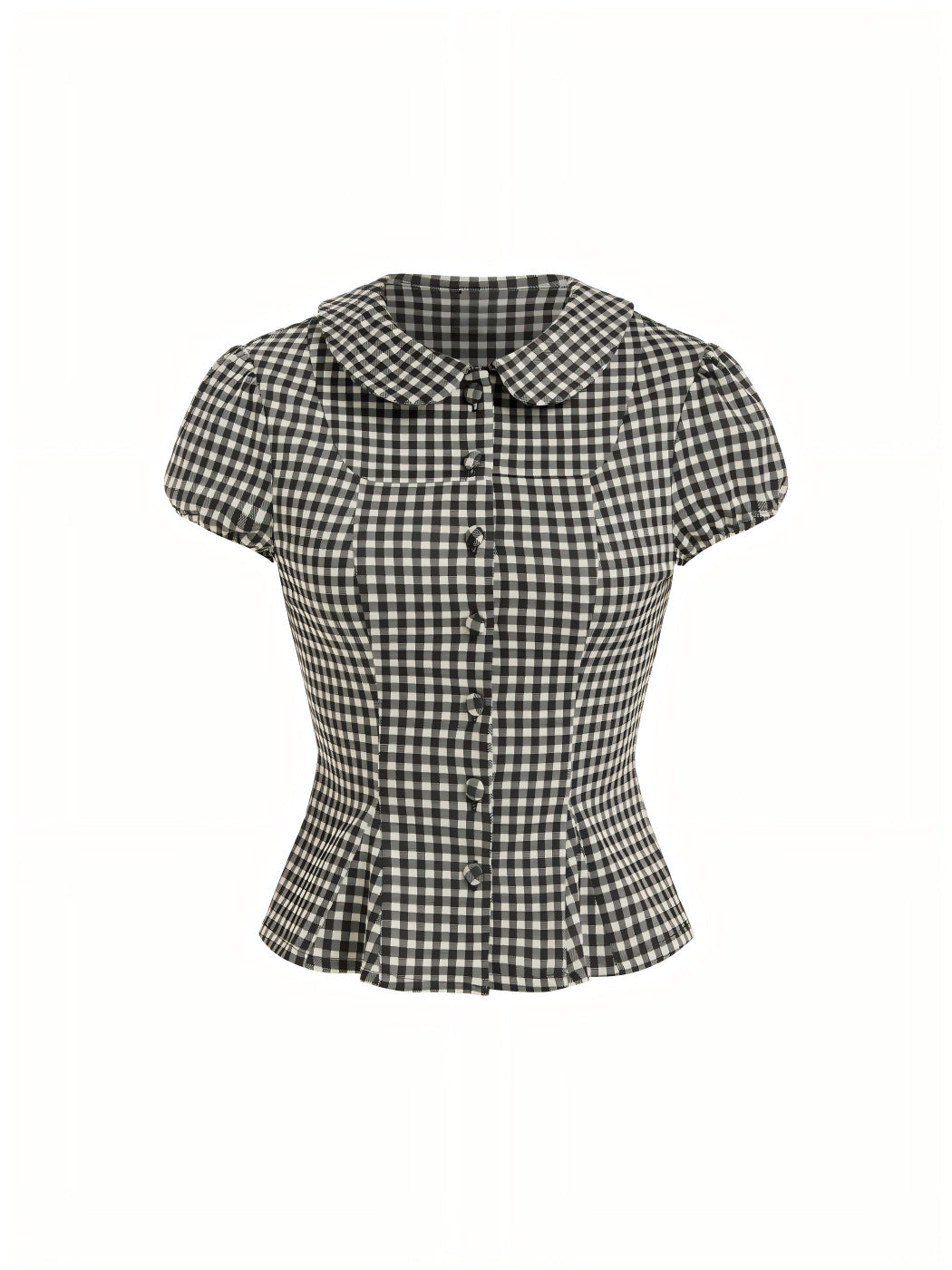 Damen Karo-Bluse mit Bubikragen, Taillierter Peplum-Silhouette und Puffärmeln – Élovi