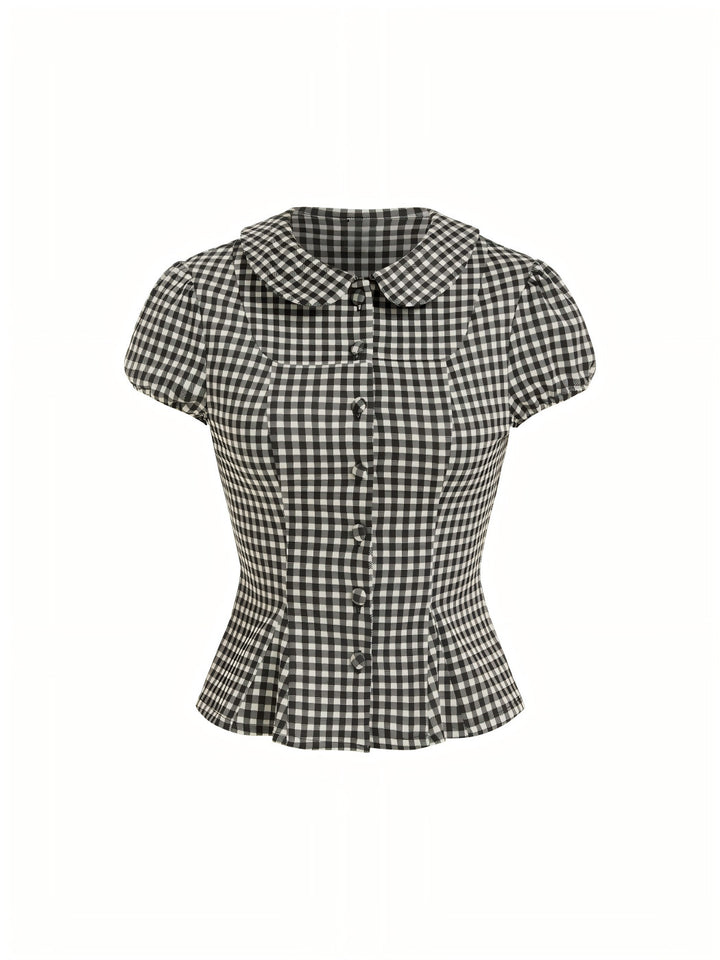 Damen Karo-Bluse mit Bubikragen, Taillierter Peplum-Silhouette und Puffärmeln – Élovi