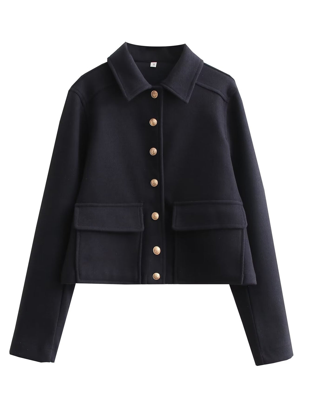 Damen Kurze Boxy-Wollmix-Jacke mit aufgesetzten Pattentaschen und goldfarbenen Zierknöpfen Echoarchiv