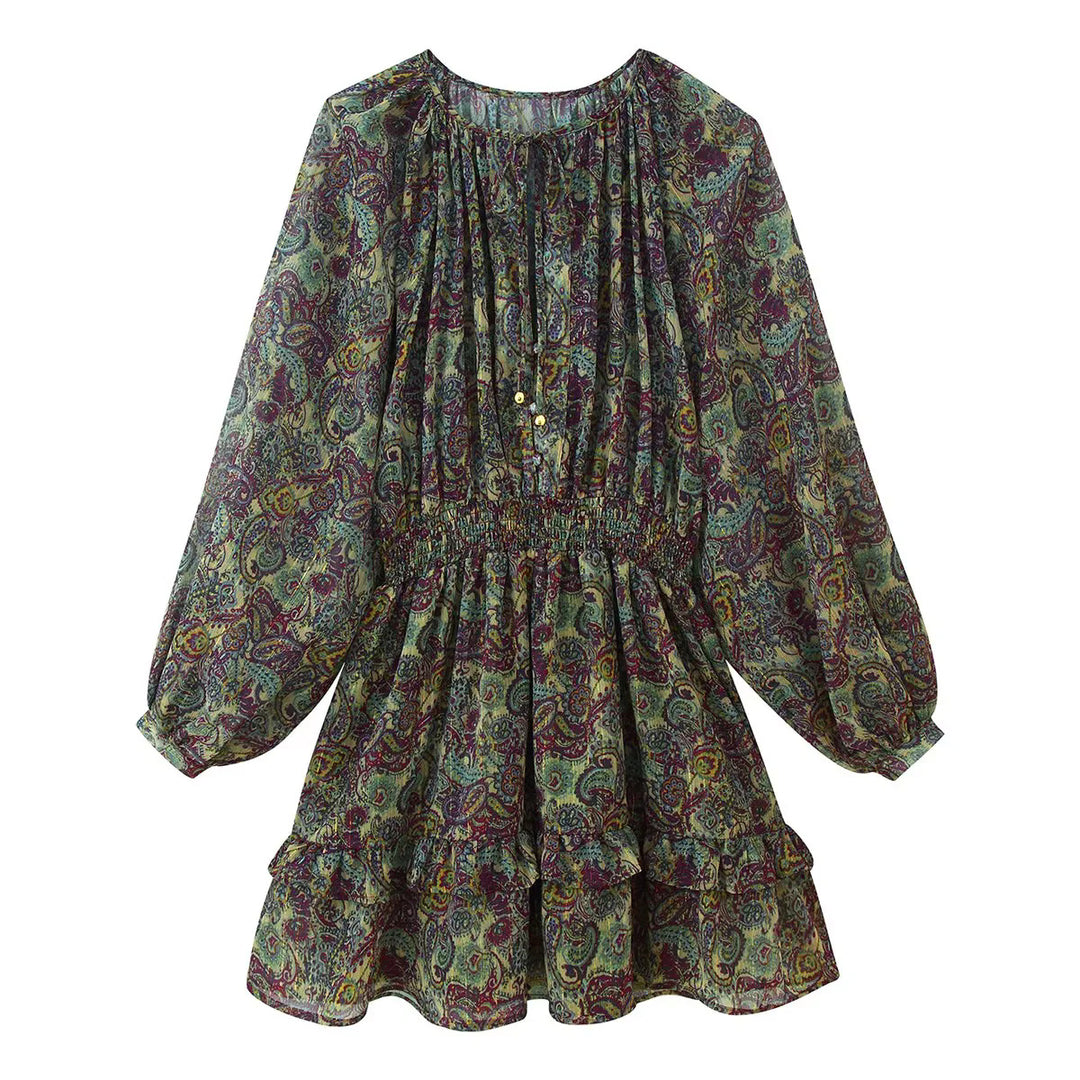 Damen gerafftes Paisley-Minikleid mit Smok-Taille, Volantstufen und Ballonärmeln – Élara
