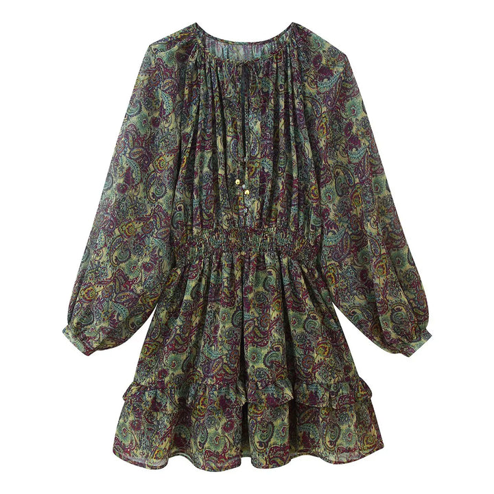 Damen gerafftes Paisley-Minikleid mit Smok-Taille, Volantstufen und Ballonärmeln – Élara