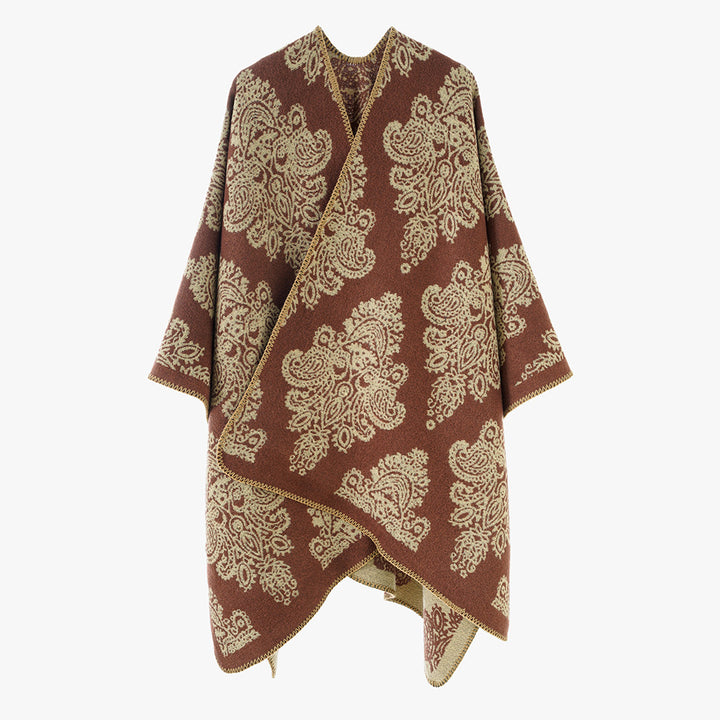 Damen Wollmix-Capeponcho mit beidseitigem Jacquard‑Paisley und kontrastierter Rollkante – Montévia