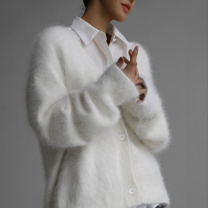 Damen Flauschige Mohair-Optik Strickjacke mit V-Ausschnitt und Oversize-Schnitt Echoarchiv