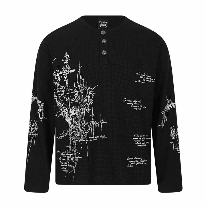 Unisex Waffelstrick-Henley-Langarmshirt mit 3‑Knopfleiste und Allover-Print Echoarchiv