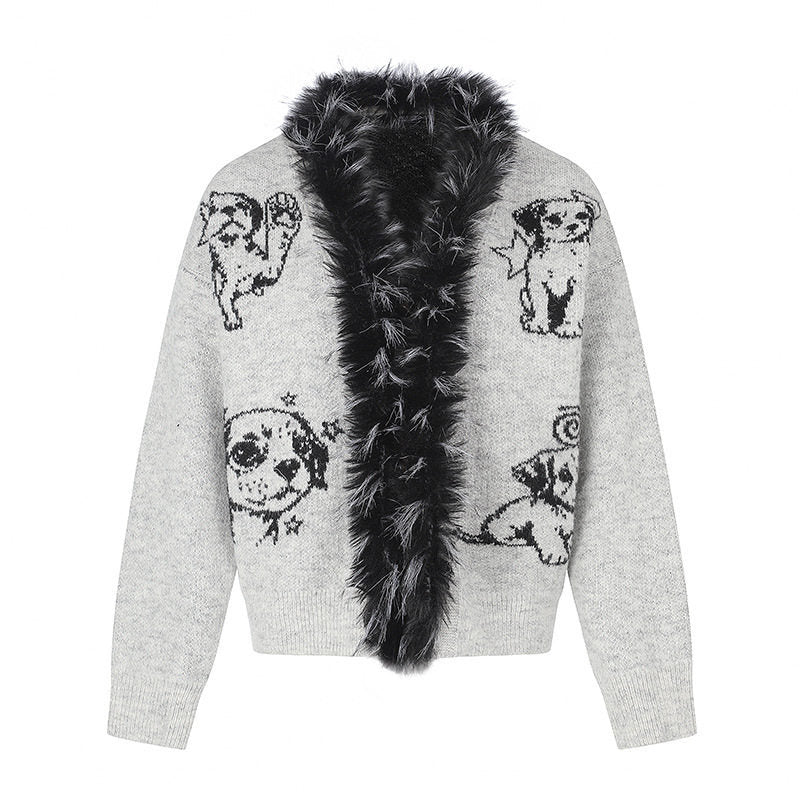 Damen Strickjacke mit Kunstfellkragen und illustrativem Hundemotiv Echoarchiv