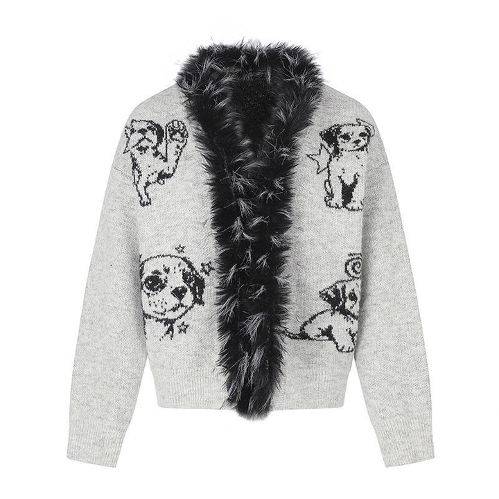 Damen Strickjacke mit Kunstfellkragen und illustrativem Hundemotiv Echoarchiv