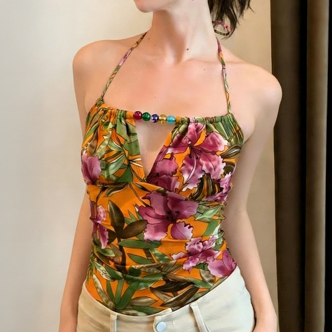 Damen Haltertop mit floralem Design und elegantem Bindeband Echo Archiv