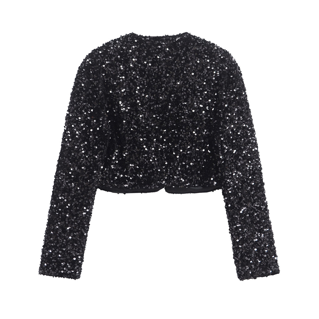 Damen Pailletten-Bolerojacke mit doppelschleifen-Verschluss, gefütterter Innenlage und tailliertem Cropped-Schnitt – Célinea