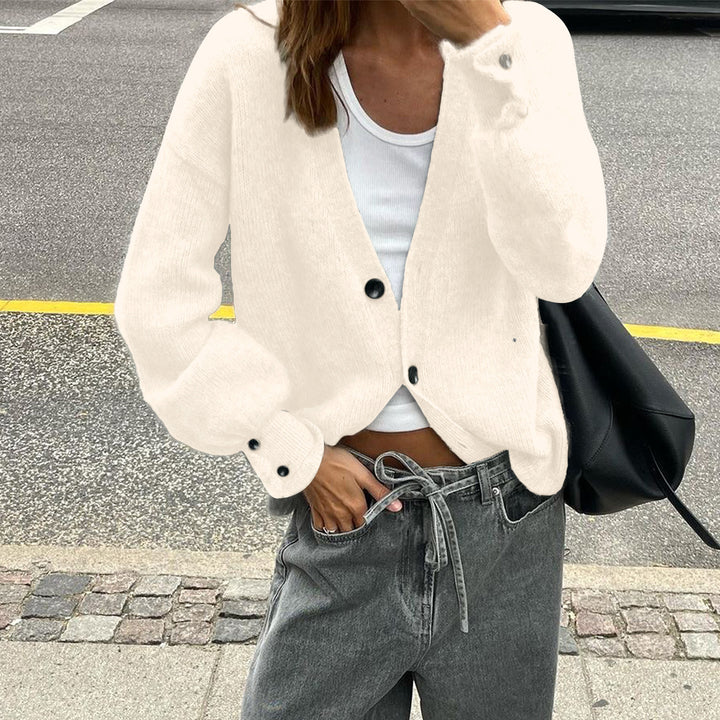 Damen lässige Strickjacke mit tiefem V-Ausschnitt, aufgesetzten Knopfleisten und Ballonärmeln – Veloura