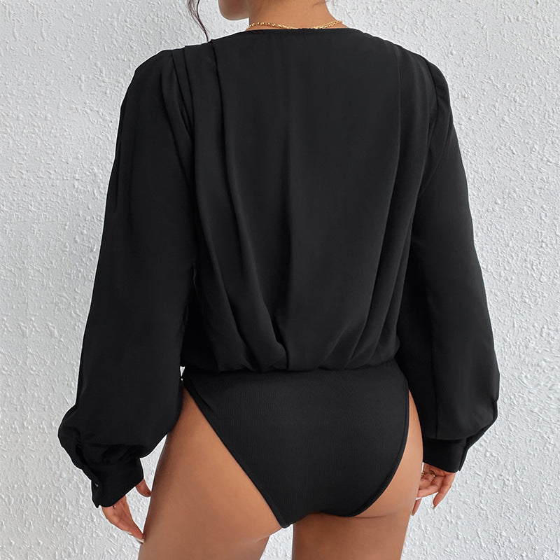 Damen Leichte Wickelbluse mit V-Ausschnitt, gerafften Schultern & Ballonärmeln Echoarchiv