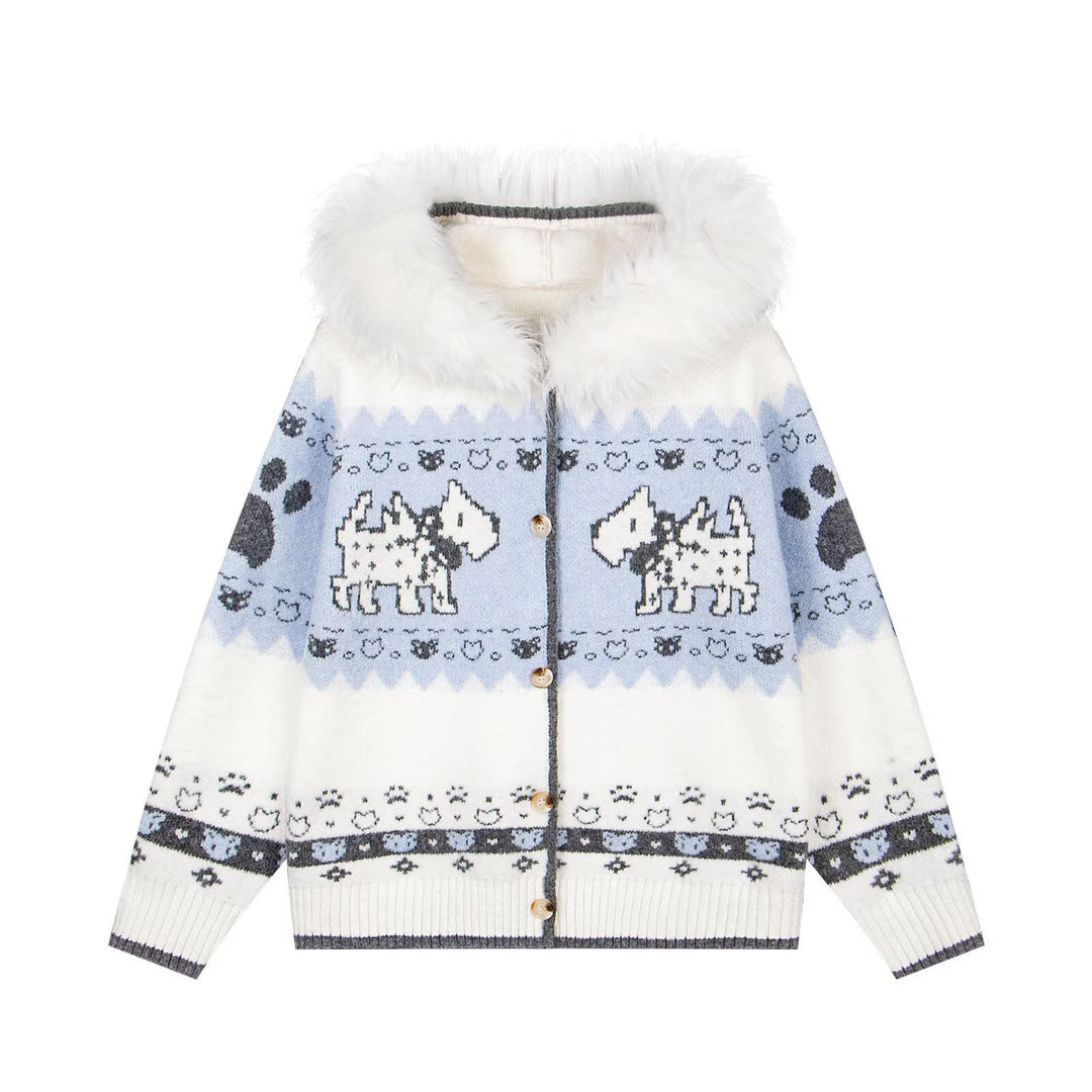Damen Gemütliche Strickjacke mit Tiermuster und Pelzkragen Echoarchiv