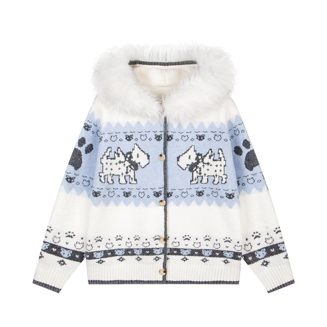 Damen Gemütliche Strickjacke mit Tiermuster und Pelzkragen Echoarchiv
