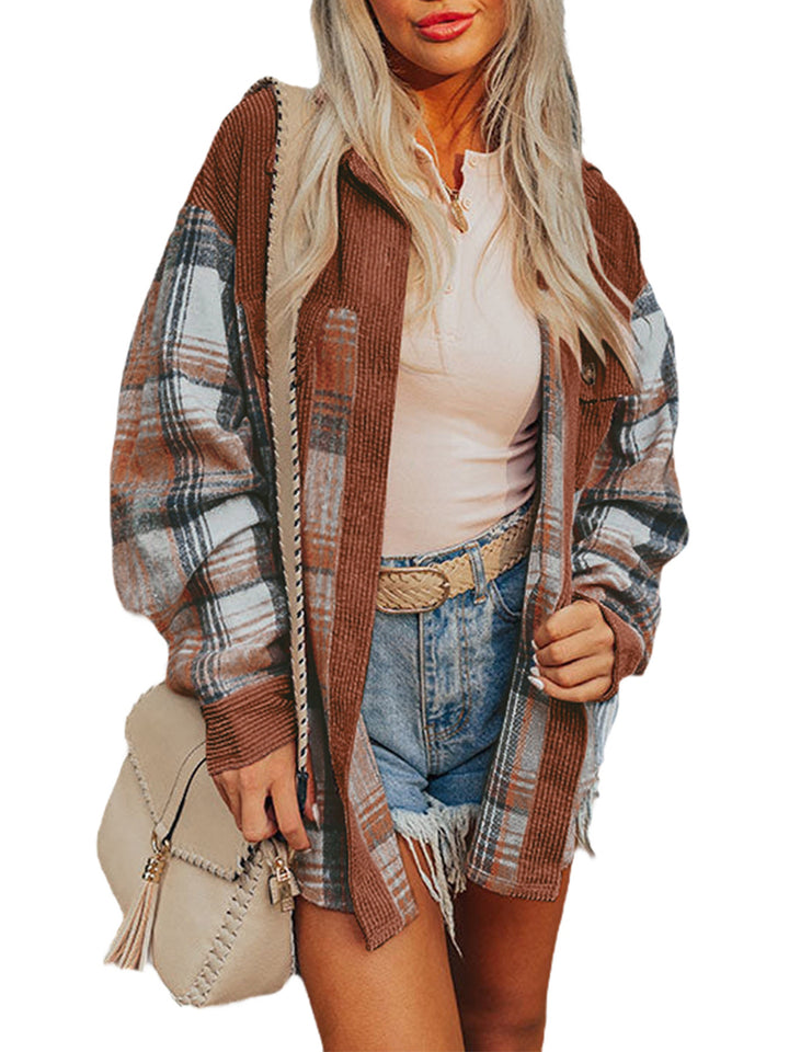 Damen Oversize Strick-Karo-Cardigan mit Cord-Einsätzen und aufgesetzten Taschen – Avérine