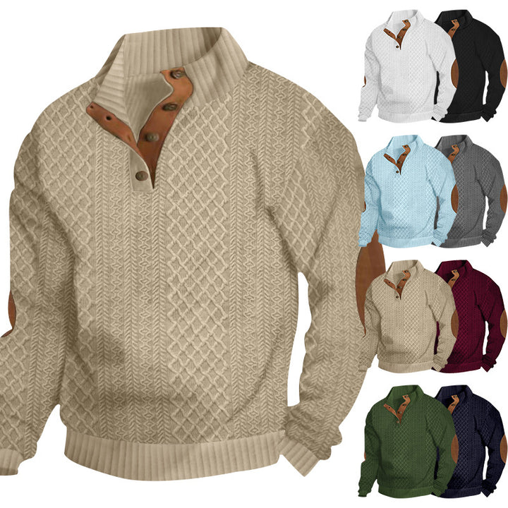 Herren Strickpullover mit innovativem Stehkragen und modernen Lederapplikationen Echoarchiv