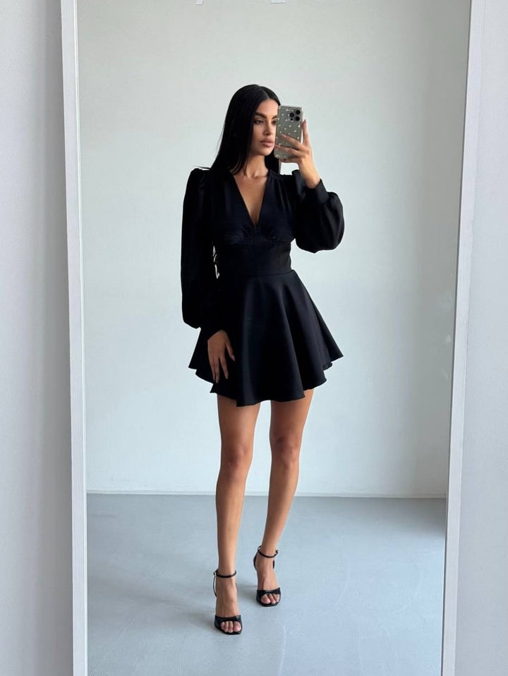 Damen Korsett-Detail Mini-Kleid mit Puffärmeln und ausgestelltem Rock Echoarchiv