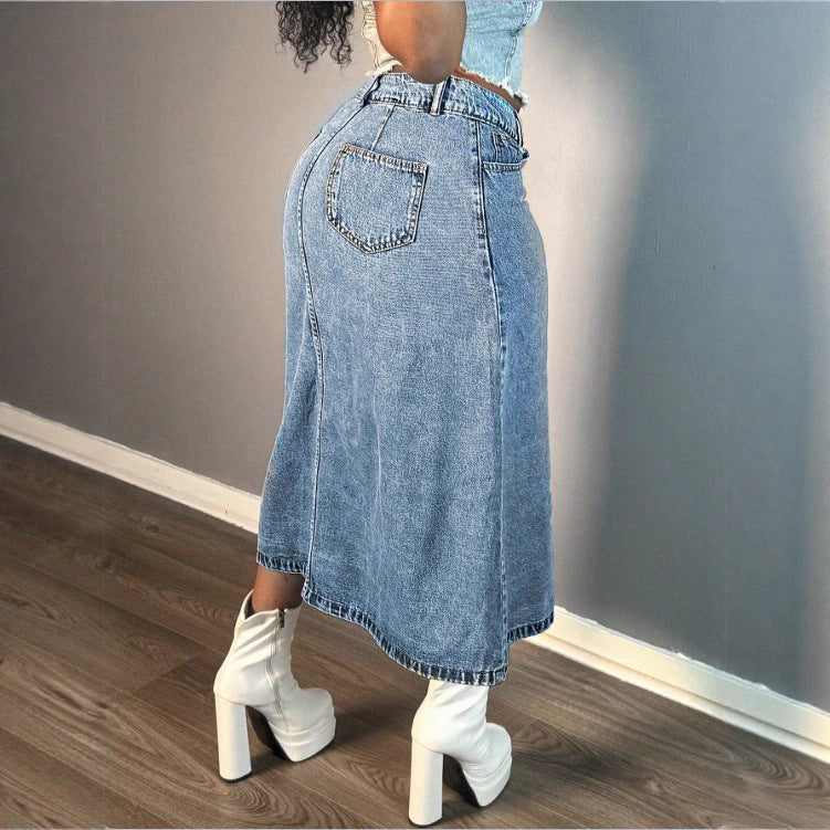 Damen A-Linien Denim-Midirock mit taillenhohem Bund und durchgehender Knopfleiste Echo Archiv