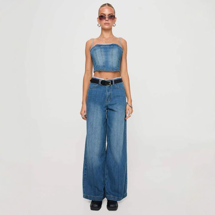 Damen nan hochgeschnittene Weitbein-Jeans mit rohem Bund, extra weitem Bein und Fünf-Taschen-Schnitt Echo Archiv