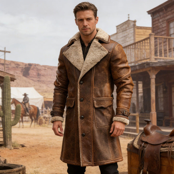 Herren nan langer vintage Biker-Ledermantel mit durchgehendem Sherpa-Futter, Pattentaschen und verstellbaren Schnallenmanschetten Echo Archiv